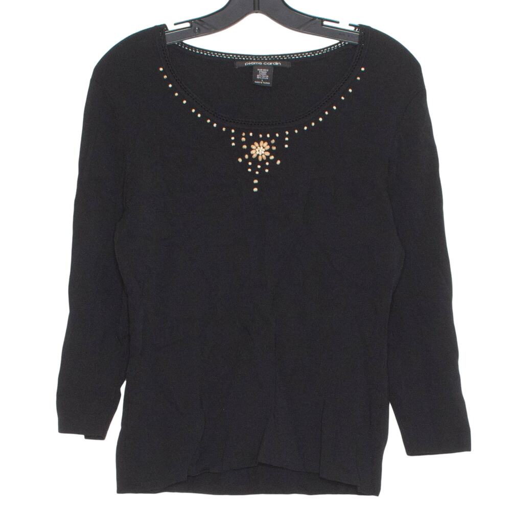 Pierre Cardin Top Beaded Academia Minimalist Boho Cottage Grandma Black Large